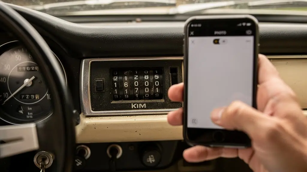 Compteur kilométrique analogique d'une voiture de collection avec une main photographiant le relevé