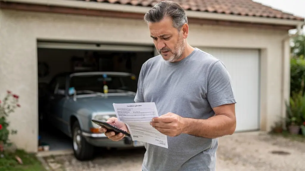 Propriétaire de voiture de collection consultant ses documents d'assurance près de son véhicule
