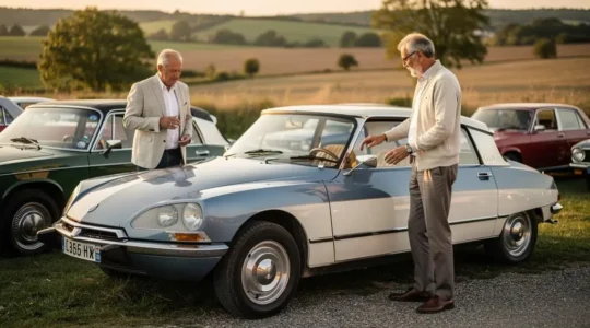 Propriétaire avec sa voiture de collection française lors d'un rassemblement automobile en plein air