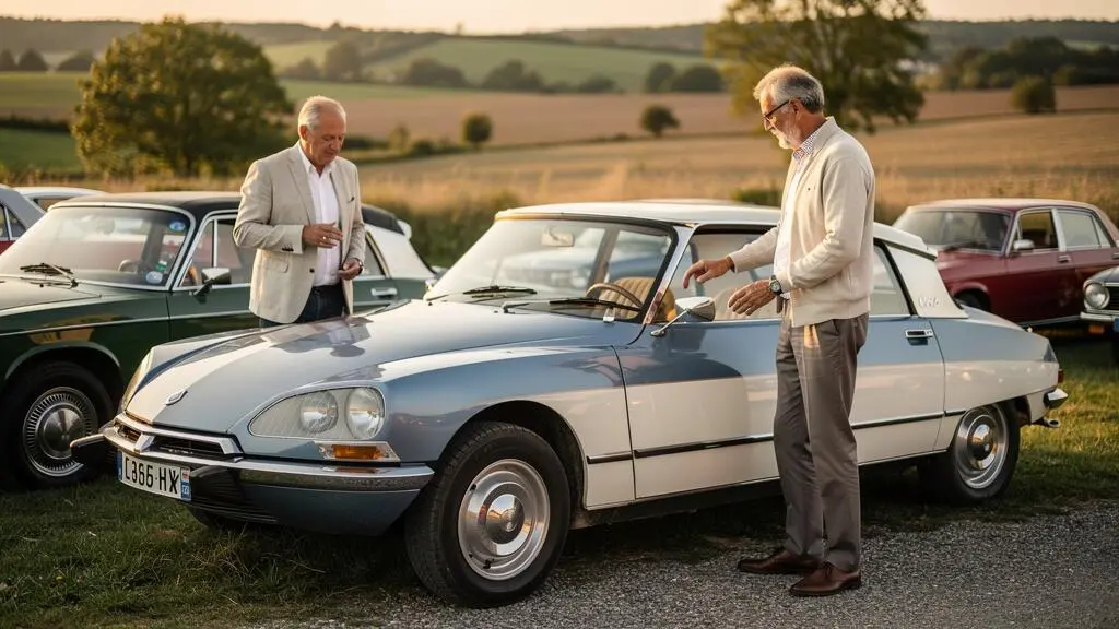 Propriétaire avec sa voiture de collection française lors d'un rassemblement automobile en plein air