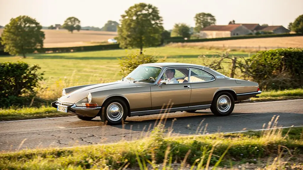 Voiture de collection française roulant sur une route de campagne